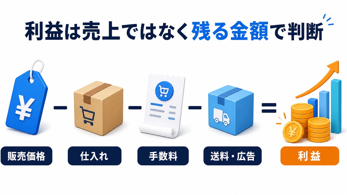 販売価格から仕入れ・手数料・送料・広告費を引いて利益を計算する図